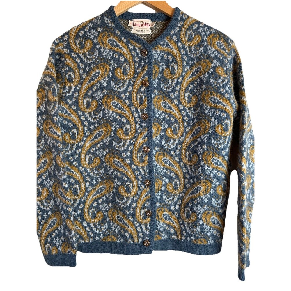 Vintage Linden Mills Mohair Blend Paisley Cardigan Sweater Metal Buttons Size L